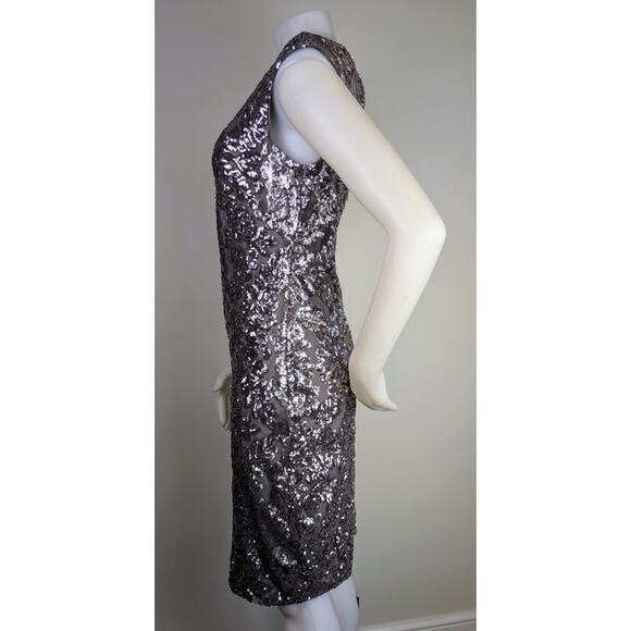 Ralph Lauren Gray Silver Sequin Tulle Evening Sheath Dress Keyhole Back Size 10 - Picture 5 of 12